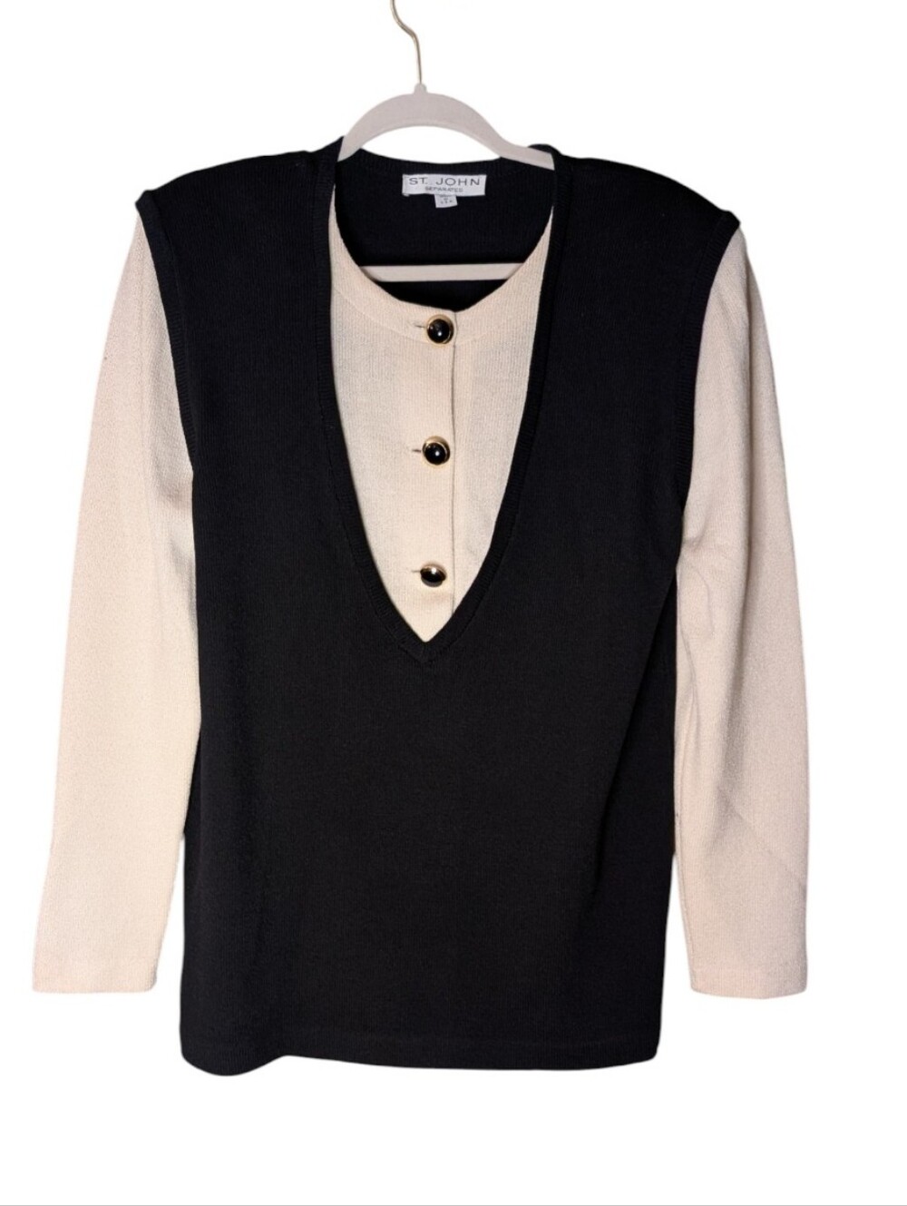 vintage St. John knit top Santana contrasting black vest overlay size Large